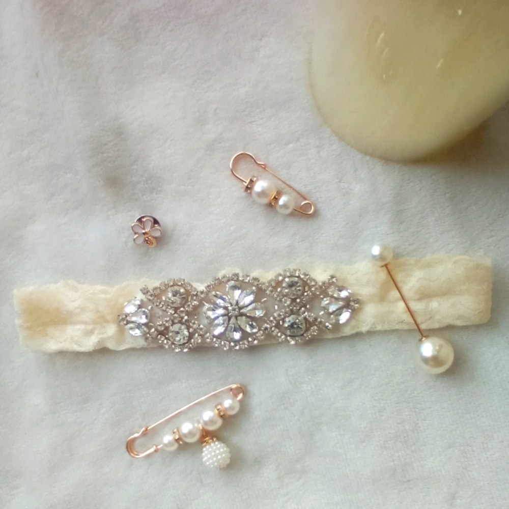 Vintage Ivory Crystal Pearl Lace Non-slip Wedding Garter Pin Barrett Bundle Set